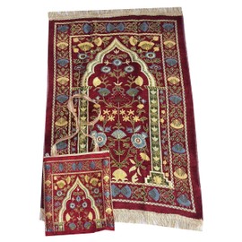 Muslim Thin Salah Mat Islam Portable Sajadah Praying Carpet AMN-389 Floral Design Travel Rug Muslim Eid Ramadan Gift (Red with Bag)
