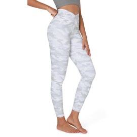 ODODOS Women's Cross Waist 7/8 Yoga Leggings with Inner Pocket, Inseam 25" Gathered Crossover Workout Yoga Pants, White Camo, Medium
