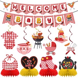 FodeMoraka Baby Q Baby Shower Decorations - 12 Pcs Red Summer BBQ Pre-strung Banner Garland Hanging Swirls Honeycomb Table Centerpieces Decor Set Barbecue Gender Reveal Party Supplies for Boys Girls