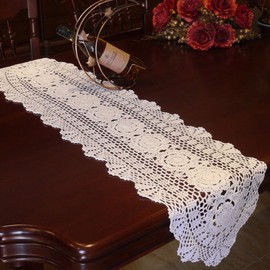 yazi Hand Woven Doily Fancy Lace Coaster Tablecloth Antique Table Runner Rustic Table Cover Vase Spread for Wedding Party Hostess Decor (White, 30*70cmS)
