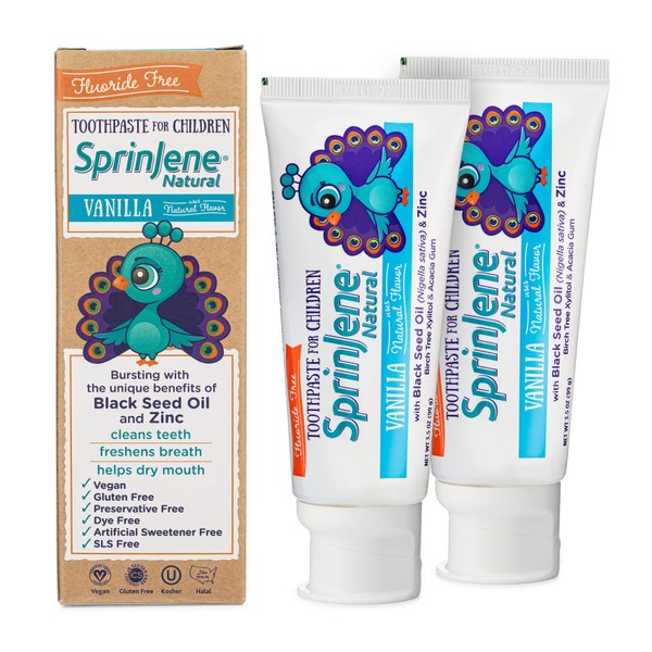 Sprinjene Kids Vanilla Toothpaste Fluoride Free for Cavity Protection & Fresh Breath - Natural SLS Free Toddler Toothpaste for Childrens 2 Years & Up/Preservative & Toxic Free (2 Pack)