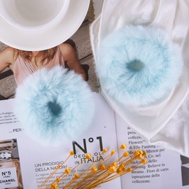 2 PCS Light Blue Pom Pom Hair Tie Fuzzy Scrunchies Furry Hair Bands With Faux Rabbit Fur Fluffy Elastic Hair Bobbles Ponytail Holders Girls Women Hair Accessories