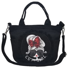 DIVA Rose Women's Shoulder Bag, Mini 2-Way Bag, Small, Cross-body Design, Lightweight, Lightweight, Handbag, Tote Bag, Denim, 1. Ribbon girl: Black