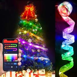 Redrubbit USB Smart Christmas Ribbon Lights, 32.8ft 50 LED Colorful Lights Glitter Gold Swirl Ribbons Garland Christmas Tree Decorations with Music Syc Timer & Memory Function, APP and Remote Control