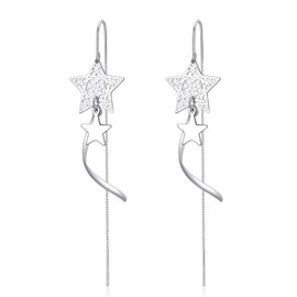 925 Sterling Silver Star Threader Earrings for Women, Teardrop Drop Pull Through Tassel Chain Long Charm Earrings