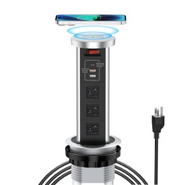 XBA Pop up Outlet for Countertop, 4inch Recessed Power Strip with 15W Wireless Charger, PD 20W USB C, 2 USB A,3 AC Outlets, Hidden Outlet with 6FT Extension Cords for Kitchen,Conference (Black)