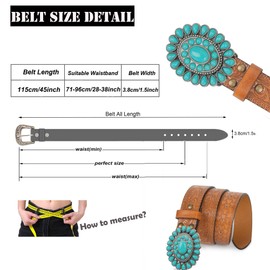HinyBoeh Women's Western-Turquoise-Cowboy-Belt - Vintage-Embossed-Cowgirl-Waist-Belt with Turquoise-Buckle for 28-38''waist