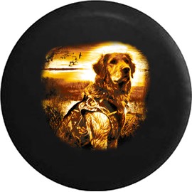 Funny Spare Tire Wheel Cover for Camper SUV Trailer Truck RV JP Thick PVC Leather | Golden Retriever Bird Hunting Dog Sunset Black 29 Inch