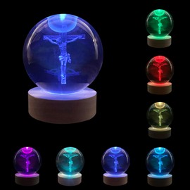 Seekamit 3D Crystal Ball Light Jesus Nativity Statue with Wooden Base Laser Engraved Crucifix Cross Colorful Night Light Religious Catholic Decor Gifts for Women Girlfriend 2.36 in
