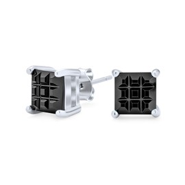 Black Invisible Cut Square Princess CZ Checkboard Cubic Zirconia Prong Basket Set Stud Earrings Sterling Silver