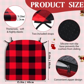 Youyole Plaid Chair Cushions Set of 4, 16'' x 16'' Christmas Buffalo Checks Seat Cushions with Ties, Red Black Chair Pads, Memory Foam Mat, Washable Covers, for Indoor Kitchen Dining Room Patio Decor