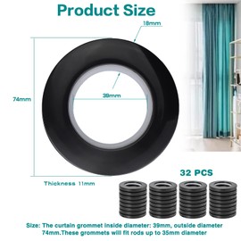 HonGien 32Pcs Curtain Grommet Kit, Black Eyelets for Curtains, Shower Curtain, Locker Room Door Curtains, Home Accessories Decoration, 39mm Inner Diameter