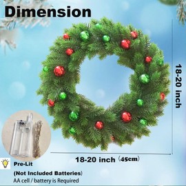 Christmas Wreath 18 Inch, BEHONA Christmas Door Decorations Wreath with Warm Lights, Christmas Wreath with Red Green Decorative Christmas Balls, for Door Window Outdoor Home Decoration