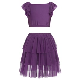 Lyrical Dance Dress for Women Ruffle Sleeve Square Neck Sparkly Sequins Crop Top Tiered Chiffon Midi Skirt Teen Girl Contemporary Dance Outfits Ballerina Ballroom Dance Dress Purple XS