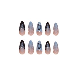 SINHOT Medium Press on Nails Almond Fake Nails Glossy Glue on Nails Blue Ombre Acrylic Nails Stiletto Artificial Nails 3D Swirl Stick on False Nails with Design 24 pcs