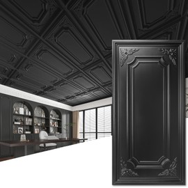 Art3dwallpanels 12 Pack Drop Ceiling Tiles, 2x4 Ft PVC Decorative 3D Wall Panel, Glue Up Ceiling Covering Panels for Basement Kitchen Bathroom, 24x48 Inch, Cover 96 Sq. Ft, Black