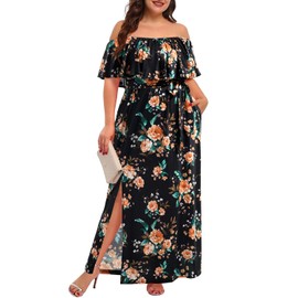 Plus Size Off The Shoulder Dresses Casual Black Floral Maxi Slit Formal Wedding Guest Long Sundress Women Summer Pockets