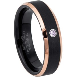 2-Tone Black & Rose Gold Tungsten Carbide Unisex Wedding Band with 0.07ctw Solitaire Round Amethyst Birthstone Tungsten Ring - 6mm Brushed Comfort Fit Tungsten Anniversary Ring - 1AMT