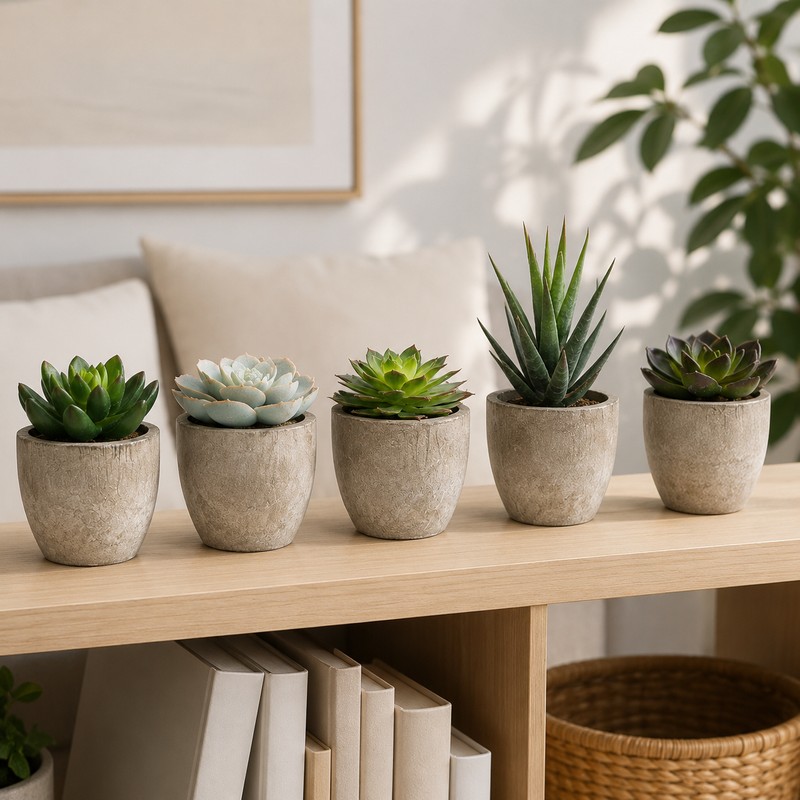 Artificial Succulent Plants in Decorative Cement-Style Pots – 5-Piece Faux