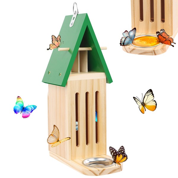 Butterfly House and Feeder for Outside, Wooden Butterfly House for
