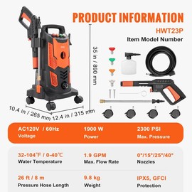 VEVOR Electric Pressure Washer, Max. 2300 PSI 1.9 GPM 1900W Power Washer w/ 26 ft Hose, 4 Quick Connect Nozzles, Foam Cannon, Retractable Handle for Portable to Clean Patios, Cars, Fences, Driveways:_2150 PSI  Max. 1.8 GPM 1800W