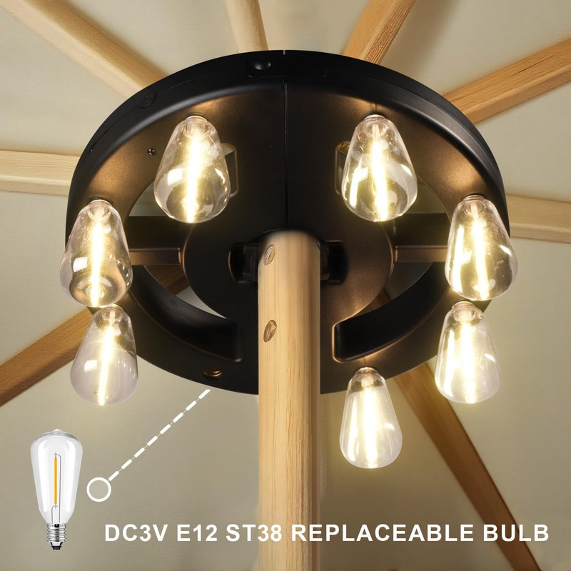 Patio Outdoor Umbrella Lights, Rechargeable Battery Cordless Umbrella Light with