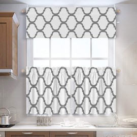 Melodieux Set of 2 Moroccan Fashion Tier Curtains for Kitchen,Geometric Lattice Rod Pocket Curtains for Cafe Bathroom Small Windows,24 Inch Length,Off White/Grey