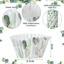 600 count Green Mini Cupcake Wrappers Liners for Baking Greenery Eucalyptus Cupcake Liners Mini Baby Shower Baking Rustic Birthday Party Decoration for Bridal Shower Wedding Festival Decoration