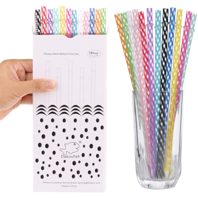 Dakoufish 12 Piece 10 Inch Reusable Plastic Thick Drinking Straws