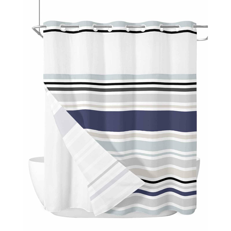 EwdeWwo No Hook Striped Shower Curtain with Snap in Liner,