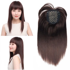 LesafeV Silk Base 16 inch Synthetic Topper with Neat Bangs 10x10cm Middle Part Head Top Hairpiece Straight Clip in Closure Toupee (4# Black Brown)