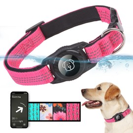 BINGPET AirTag Dog Collar with Waterproof Airtag Holder,Ultra-Durable Reflective Dog Collar with Padded for Tracker,Adjustable Heavy Duty Dog Collar for Small Medium Large Dogs(L(17"-24"),Pink)