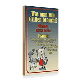 Holzschild 'Was man zum Grillen braucht' | Lustiges Geschenk für Grillfans | Männer vs. Frauen Grillzubehör | 20 cm x 30 cm