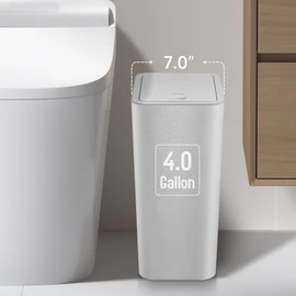 TIPGO Bathroom Trash Can with Lid, 4 Gallon / 15 Liter Small Garbage Can, Press Top Bin, Plastic Wastebasket with Pop-Up Lid for Bedroom, Living Room, Office (Grey)