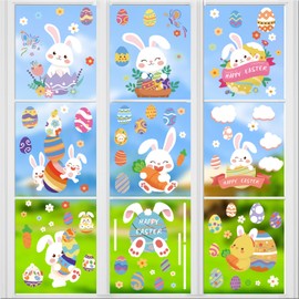 AUXHCYL Easter Window Stickers, 9 Sheets Easter Stickers Window, Removable and Reusable Easter Bunny Stickers, Window Decorations PVC Static Stickers with Rabbit, Egg Basket, Flower, Butterfly, Carrot
