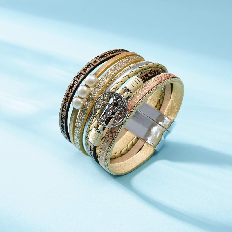 AIODE Tree of Life Boho Multilayer Leather Wrap Bracelet for