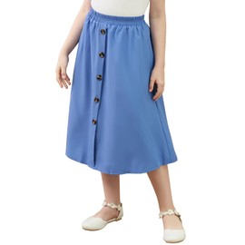 GORLYA Girls A-Line Elastic High Waist Pleated Swing Maxi Skirt with Pockets for 4-14T (GOR1104,Blue,10Y)