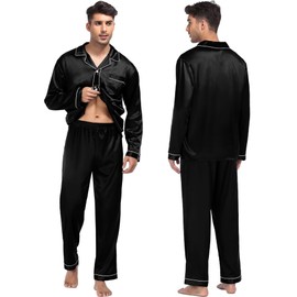 SWOMOG Satin Pajamas Set for Couples Women & Men Matching Pjs Set Long Sleeve Sleepwear Classic Button-Down Loungewear Women Black Medium