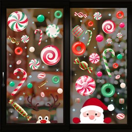 WALPLUS Christmas Window Stickers Clings Xmas Decoration Reusable Double-Sided Print Decals for Glass Living Room Windows Display Santa and Rudolph in Candyland 85 Pieces