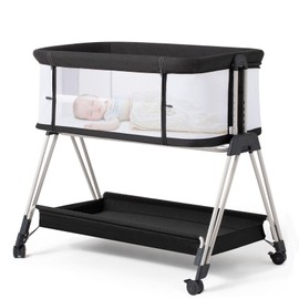 Fodoss Baby Bassinet Bedside Sleeper with Wheels and Storage Tray,4-Sided Mesh Bedside Bassinet for Infant/Newborn,7 Height Adjustable Easy Folding Bedside Crib