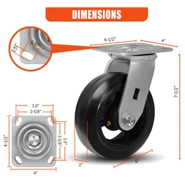 CWfutureparts Caster Wheels 6" x 2" Heavy Duty Industrial Casters,Rubber on Cast Iron Wheels,Dumpster and Trash Bin Casters,2 Rigid 2 Swivel Top Plate Casters, Load Capacity 4000 lbs