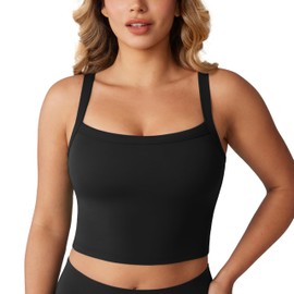 UNISSU Hugcurve Adjustable Longline Sports Bra Square Neck Workout Tank Crop Tops for Women with Built in Bra Padded Camisole Black Small