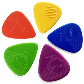 WINGO Guitar Picks with Grip Stamped, Non Slip Textured Picks 5 Pack (073, 088, 1.0, 1.25, 1.5mm) for Acoustic Electric Guitars Bass -Colorful