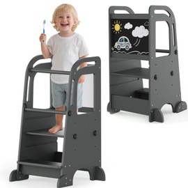 Toddler Tower with Chalkboard, Toddler Kitchen Stool Helper Adjustable Height, Standing Tower, Kitchen Step Stool for Toddlers with Anti-Slip Protection Design and Safety Feet (Grey)