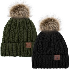 C.C YJ820 Thick Cable Knit Hat Faux Fur Pom Pom Fleece Lined Skull Cap Cuff Beanie 2PK Blk/Olive