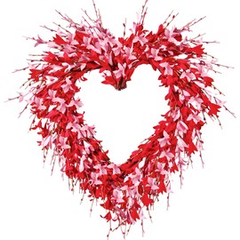 Sggvecsy 19in Heart Shaped Valentine's Day Wreath, Pink & Red Foam Forsythia Flowers, Grapevine Base, Handmade, 11.8 x 9.5 x 10.4 inches