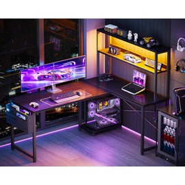 ODK 53 Inch L Shaped Desk with LED Lighting, Reversible Gaming Desk with Power Outlets, Cornor Computer Table with Storage Shelves & Bag & Iron Hook, Home Office Table for Writing, Study, Black