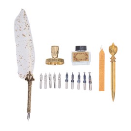 Feather Pen Set with 10 Interchangeable Nib Fire Lacquer Wax Letter Opener Pen Holder Ink Empty Bottle Retro Quill Pen Set White