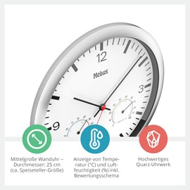Mebus Quartz Wall Clock with Thermometer and Hygrometer Silver Frame White Dial 25 cm Diameter Round Model: 56730 Colour: Silver, White