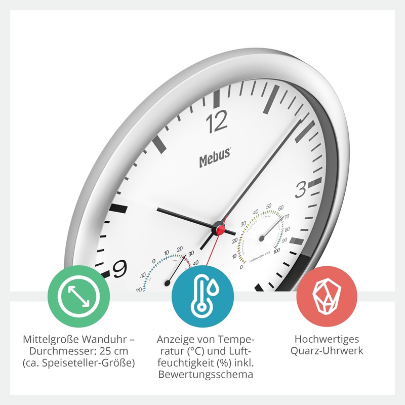 Mebus Quartz Wall Clock with Thermometer and Hygrometer Silver Frame